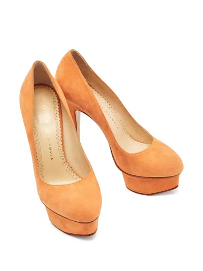 Pre-owned Charlotte Olympia  145mm Dolly Suede Pumps In Orange
