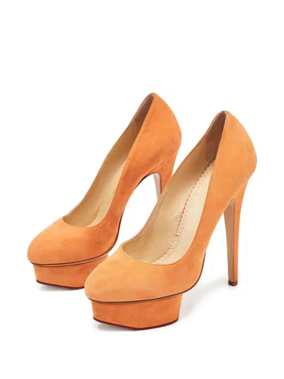 Pre-owned Charlotte Olympia  145mm Dolly Suede Pumps In Orange