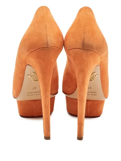 Pre-owned Charlotte Olympia  145mm Dolly Suede Pumps In Orange