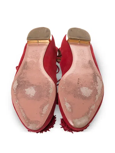 Pre-owned Aquazzura  Sunshine Pompom Ankle-tie Ballet Flats In Red