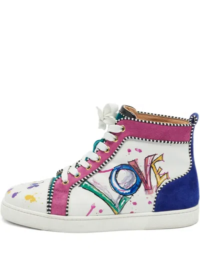 Pre-owned Christian Louboutin Love Paint-splattered High-top Sneakers In White