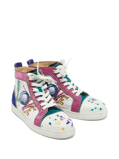 Pre-owned Christian Louboutin Love Paint-splattered High-top Sneakers In White