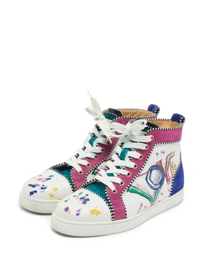 Pre-owned Christian Louboutin Love Paint-splattered High-top Sneakers In White