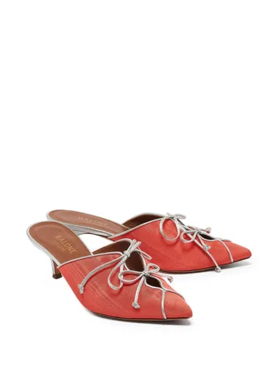 Pre-owned Malone Souliers  55mm Victoria Satin Bow-embellished Mules In Orange