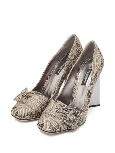 Pre-owned Dolce & Gabbana 100mm Jacquard Floral Crystal Pumps In Brown
