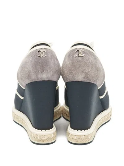 Pre-owned Chanel Wedge-heel Lace-up Sneakers In Blue