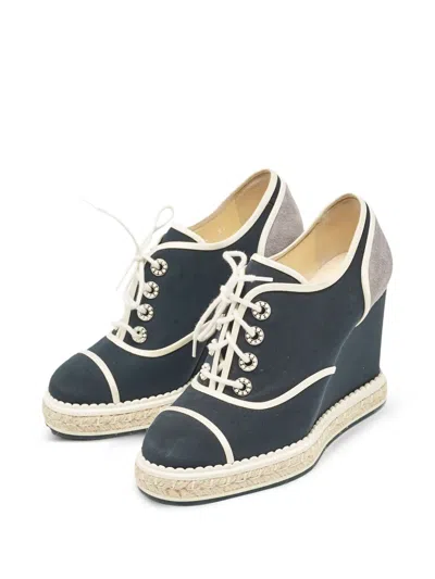 Pre-owned Chanel Wedge-heel Lace-up Sneakers In Blue