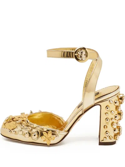 Pre-owned Dolce & Gabbana 90mm Embellished Block-heel Pumps In Gold