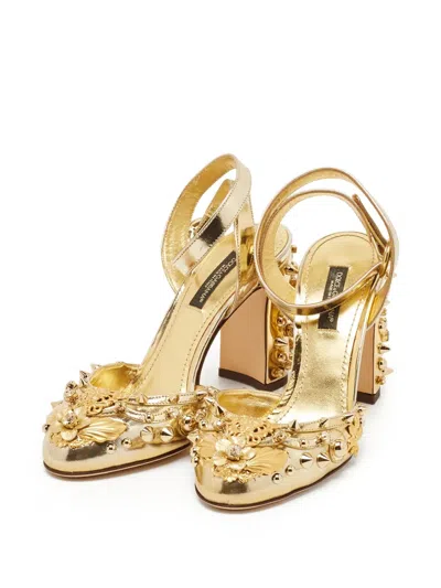 Pre-owned Dolce & Gabbana 90mm Embellished Block-heel Pumps In Gold
