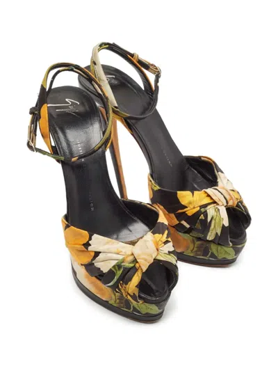 Pre-owned Giuseppe Zanotti  150mm Floral-print Sandals In Black
