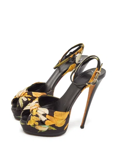 Pre-owned Giuseppe Zanotti  150mm Floral-print Sandals In Black