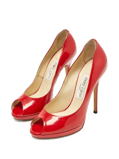 Pre-owned Jimmy Choo 120mm Peep-toe Platform Pumps In Red