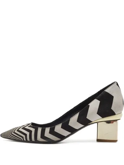 Pre-owned Nicholas Kirkwood  45mm Chevron-print Block-heel Pumps In Black