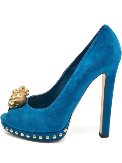 Pre-owned Alexander Mcqueen 140mm Skull-appliqué Pumps In Blue