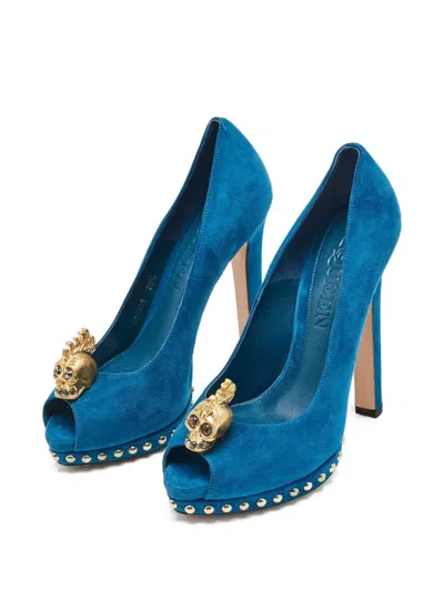 Pre-owned Alexander Mcqueen 140mm Skull-appliqué Pumps In Blue