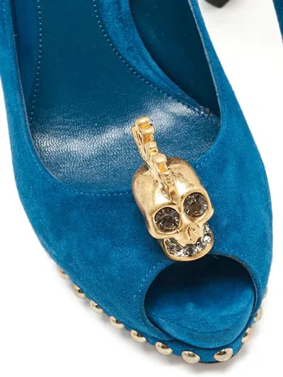 Pre-owned Alexander Mcqueen 140mm Skull-appliqué Pumps In Blue