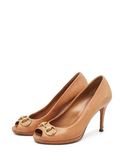 Pre-owned Gucci 120mm Peep-toe Leather Pumps In Brown