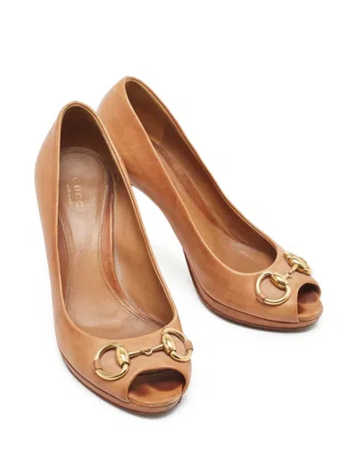 Pre-owned Gucci 120mm Peep-toe Leather Pumps In Brown