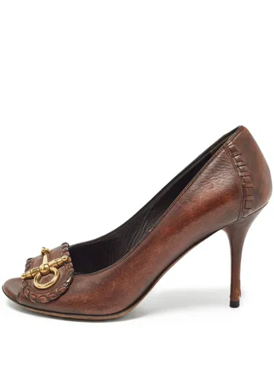 Pre-owned Gucci 90mm Peep-toe Embellished Pumps In Brown