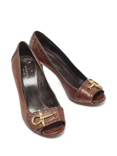 Pre-owned Gucci 90mm Peep-toe Embellished Pumps In Brown