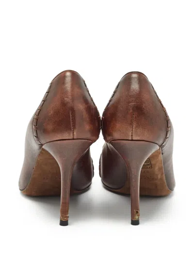 Pre-owned Gucci 90mm Peep-toe Embellished Pumps In Brown