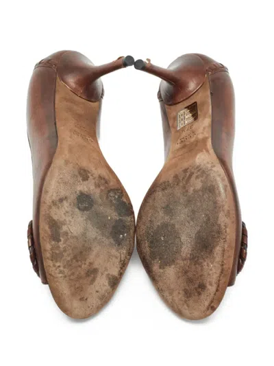 Pre-owned Gucci 90mm Peep-toe Embellished Pumps In Brown