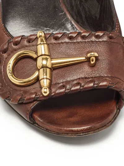 Pre-owned Gucci 90mm Peep-toe Embellished Pumps In Brown