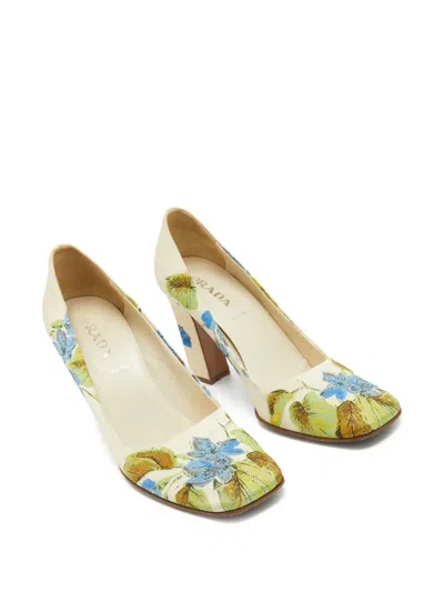 Pre-owned Prada 90mm Floral-print Block-heel Pumps