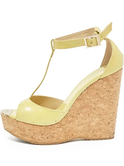 Pre-owned Jimmy Choo 130mm Patent Wedged Sandals In Green
