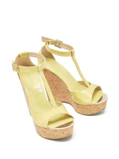 Pre-owned Jimmy Choo 130mm Patent Wedged Sandals In Green