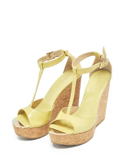 Pre-owned Jimmy Choo 130mm Patent Wedged Sandals In Green