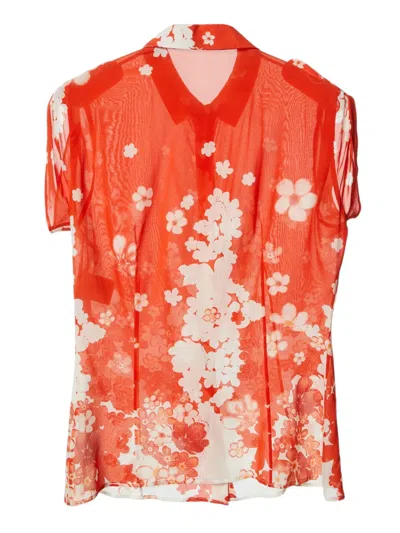 Pre-owned Versace Floral-print Stretch-silk Shirt In Orange