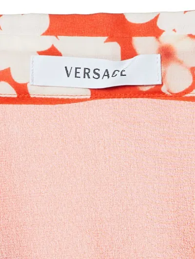 Pre-owned Versace Floral-print Stretch-silk Shirt In Orange