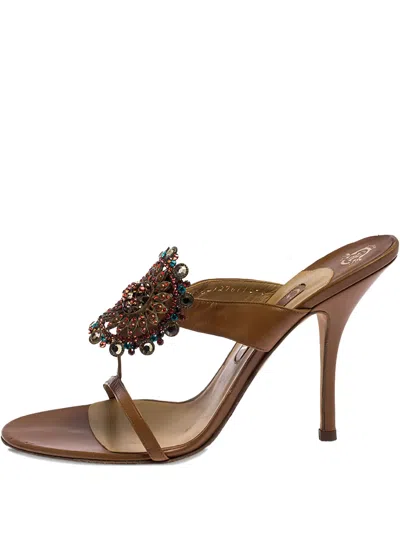 Pre-owned Gina 110mm Bead-embellishment Heeled Sandals In Brown