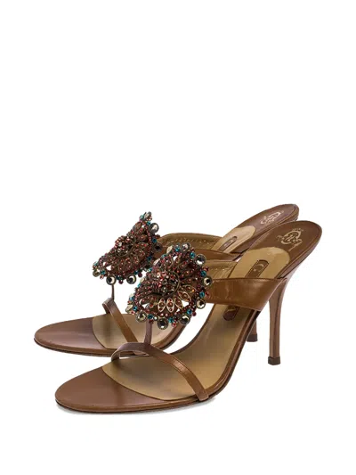 Pre-owned Gina 110mm Bead-embellishment Heeled Sandals In Brown