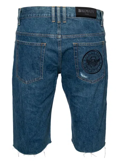 Pre-owned Balmain Ripped Denim Shorts In Blue