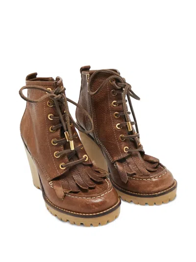 Pre-owned Tory Burch 110mm Fringed Lace-up Wedge Boots In Brown