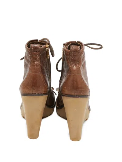 Pre-owned Tory Burch 110mm Fringed Lace-up Wedge Boots In Brown