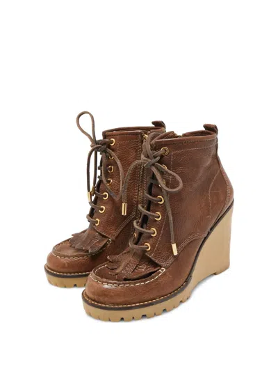 Pre-owned Tory Burch 110mm Fringed Lace-up Wedge Boots In Brown