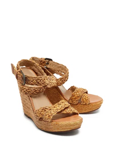Pre-owned Stuart Weitzman  125mm Braided-wedge Espadrilles In Brown
