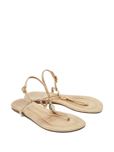 Pre-owned Tory Burch  Leather T-strap Sandals In Gold