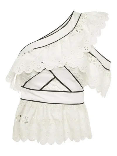 Pre-owned Self-portrait  Asymmetric Ruffled Embroidered Top In White