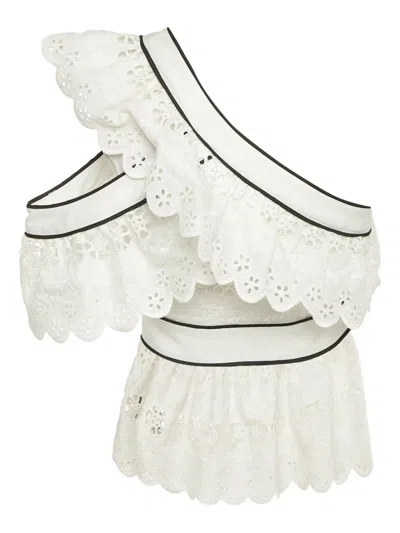Pre-owned Self-portrait  Asymmetric Ruffled Embroidered Top In White