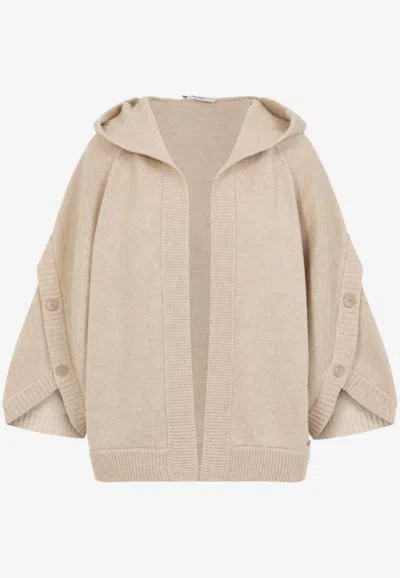 Max Mara Hooded Sweater With Button-detail Sleeves In Wool-cashmere Blend In Neutral
