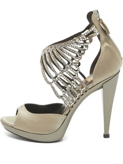 Pre-owned Roberto Cavalli Vintage 100mm Rhinestone-embellished Platform Sandals In Green