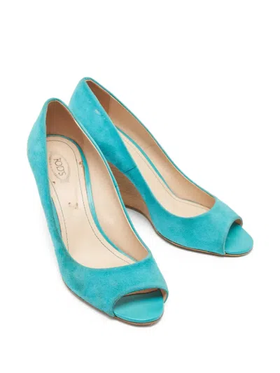 Pre-owned Tod's Vintage 110mm Peep-toe Wedge Pumps In Blue