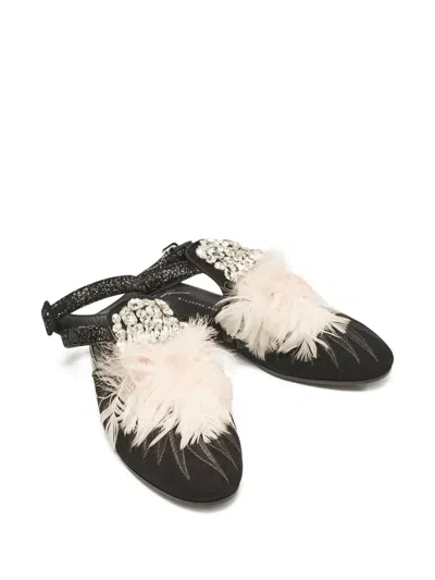 Pre-owned Giuseppe Zanotti Vintage Gioia Feather-embellished Flat Mules In Black