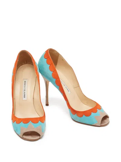Pre-owned Manolo Blahnik 105mm Scalloped Peep-toe Pumps In Blue