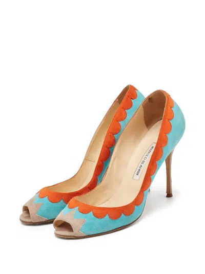 Pre-owned Manolo Blahnik 105mm Scalloped Peep-toe Pumps In Blue