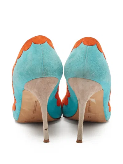 Pre-owned Manolo Blahnik 105mm Scalloped Peep-toe Pumps In Blue